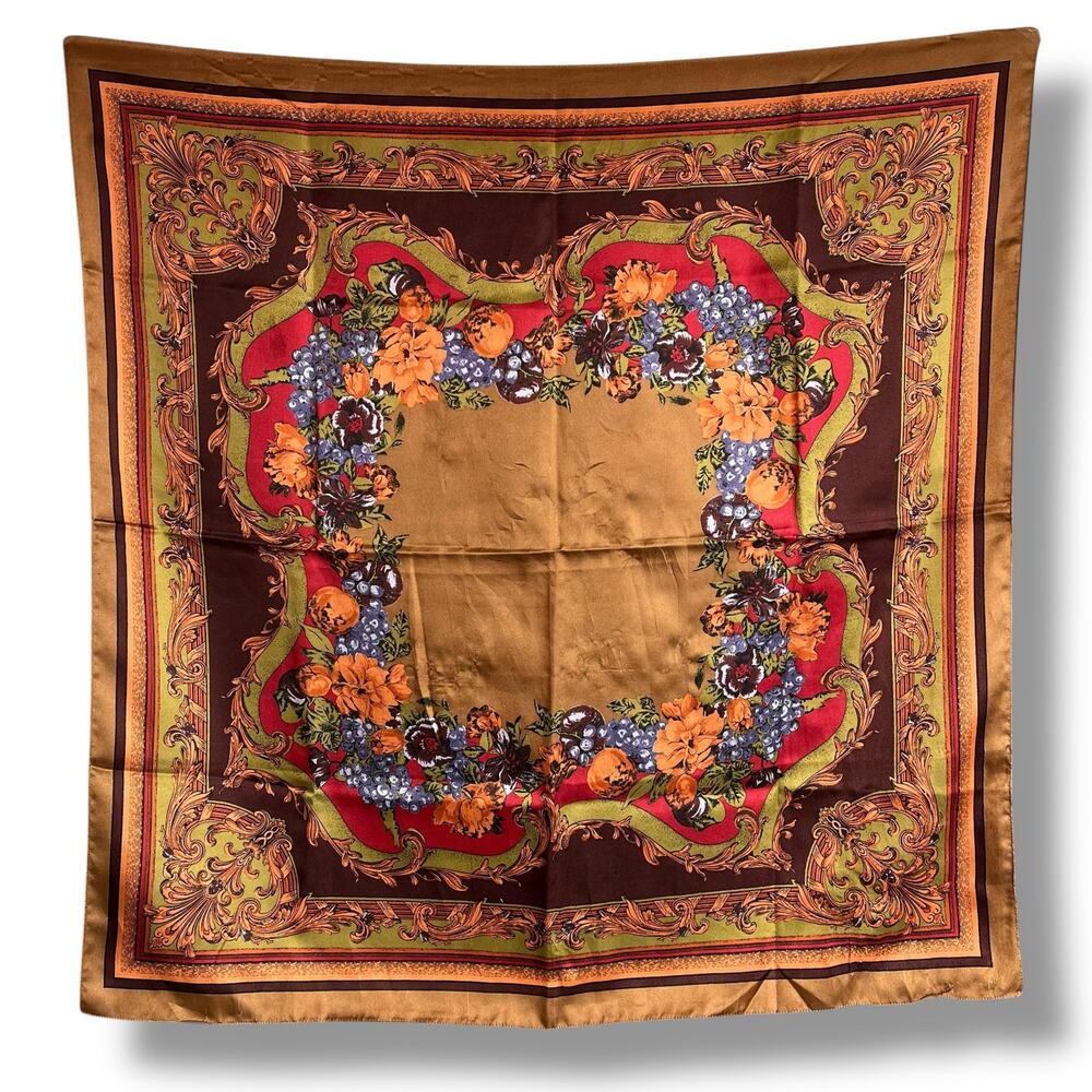 Vintage Womens Scarf Brown Blue Red Orange Floral Print Made in Italy 13962 - Picture 1 of 6